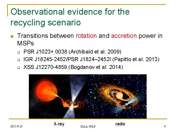 Observational evidence for the recycling scenario n Transitions between rotation and accretion power in