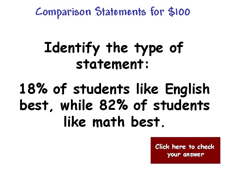 Comparison Statements for $100 Identify the type of statement: 18% of students like English