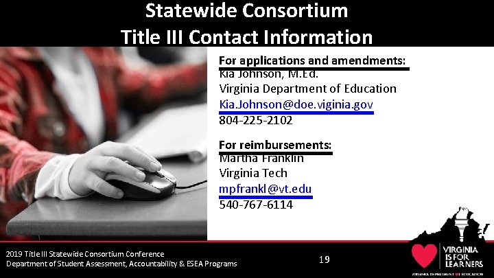 Statewide Consortium Title III Contact Information For applications and amendments: Kia Johnson, M. Ed.