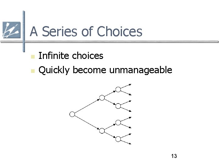 A Series of Choices Infinite choices Quickly become unmanageable 13 