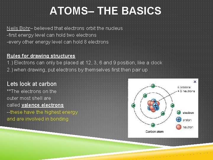 ATOMS– THE BASICS Neils Bohr– believed that electrons orbit the nucleus -first energy level