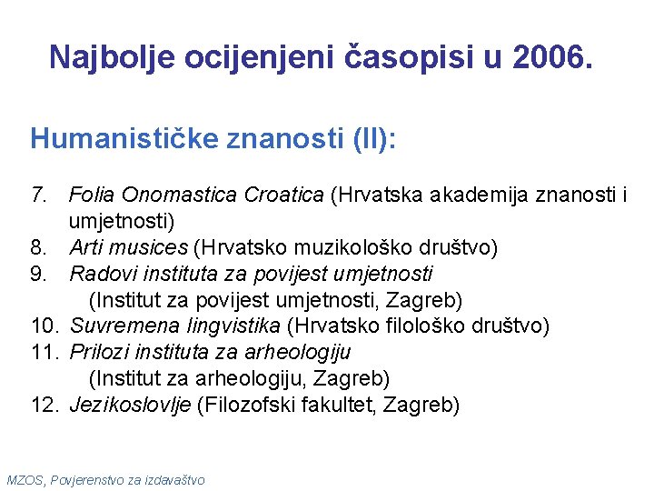 Najbolje ocijenjeni časopisi u 2006. Humanističke znanosti (II): 7. Folia Onomastica Croatica (Hrvatska akademija
