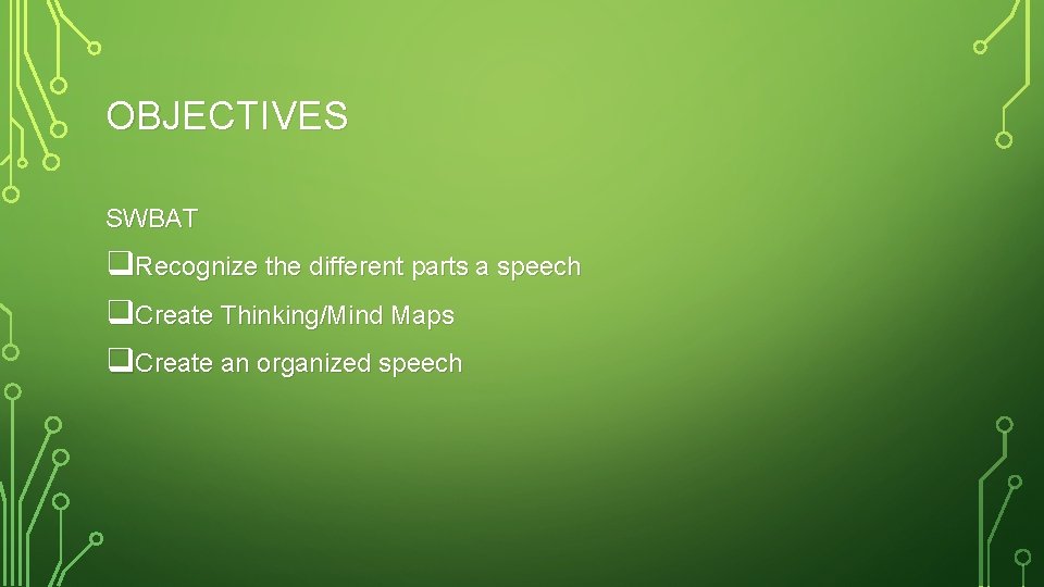 OBJECTIVES SWBAT q. Recognize the different parts a speech q. Create Thinking/Mind Maps q.