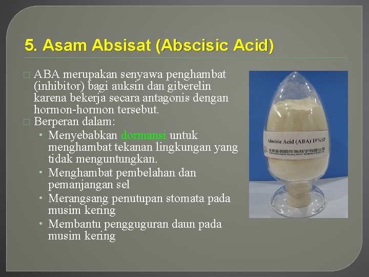 5. Asam Absisat (Abscisic Acid) ABA merupakan senyawa penghambat (inhibitor) bagi auksin dan giberelin 5. Asam Absisat (Abscisic Acid) ABA merupakan senyawa penghambat (inhibitor) bagi auksin dan giberelin