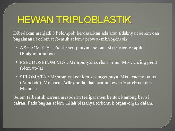 HEWAN TRIPLOBLASTIK Dibedakan menjadi 3 kelompok berdasarkan ada atau tidaknya coelom dan bagaimana coelom