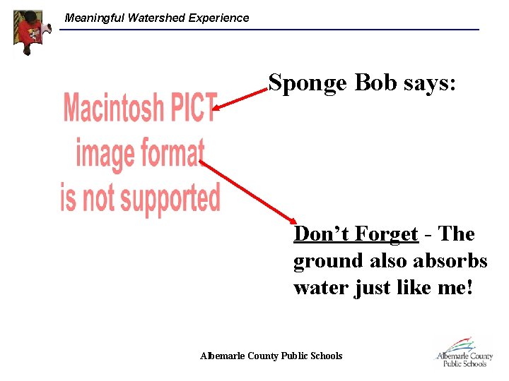 Meaningful Watershed Experience Sponge Bob says: Don’t Forget - The ground also absorbs water