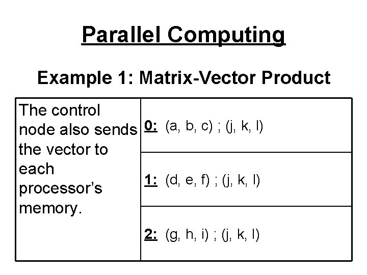 Parallel Computing Example 1: Matrix-Vector Product The control node also sends 0: (a, b,