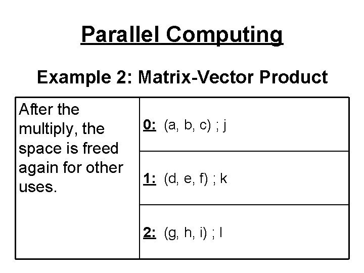Parallel Computing Example 2: Matrix-Vector Product After the multiply, the space is freed again