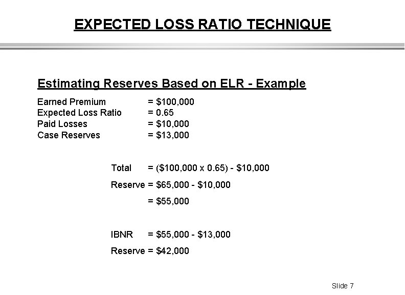 EXPECTED LOSS RATIO TECHNIQUE Estimating Reserves Based on ELR - Example Earned Premium Expected