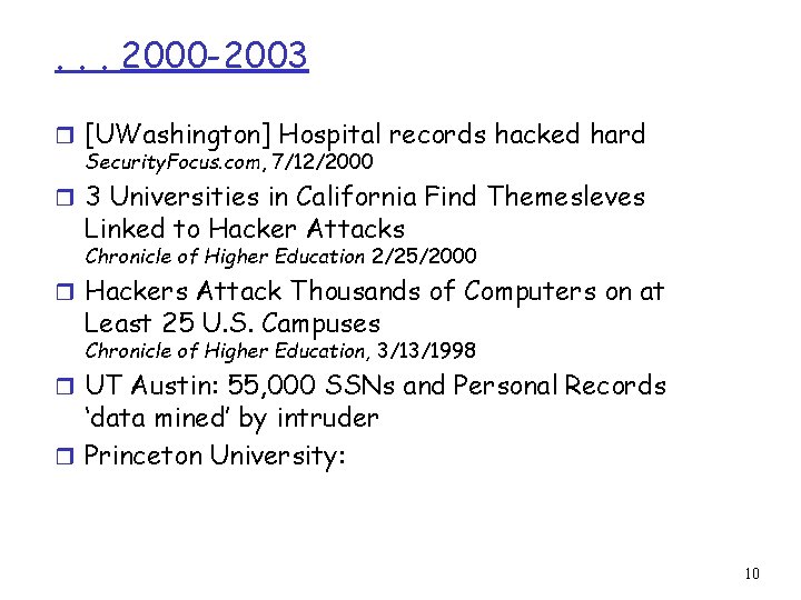 . . . 2000 -2003 r [UWashington] Hospital records hacked hard Security. Focus. com,
