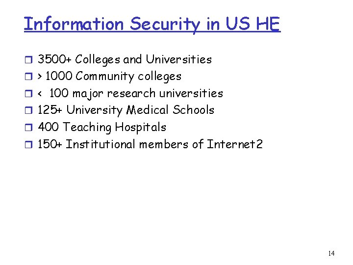 Information Security in US HE r 3500+ Colleges and Universities r > 1000 Community