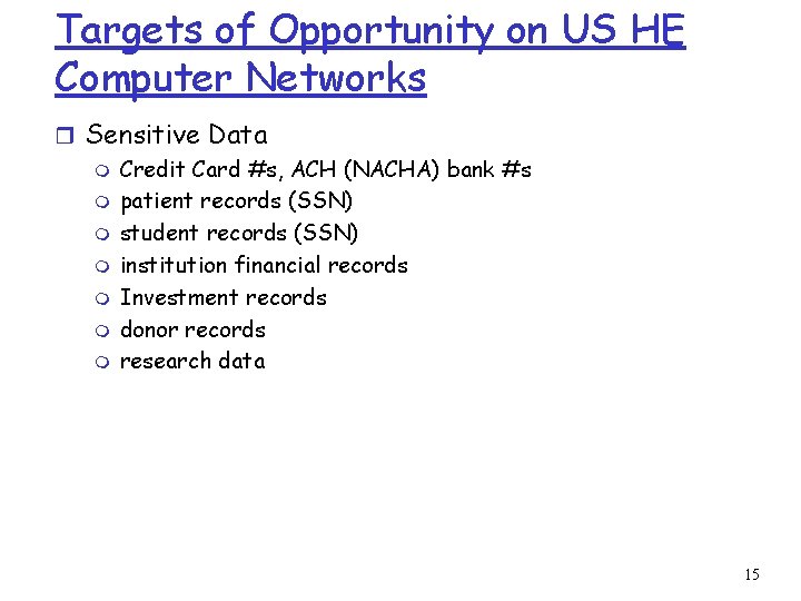 Targets of Opportunity on US HE Computer Networks r Sensitive Data m Credit Card