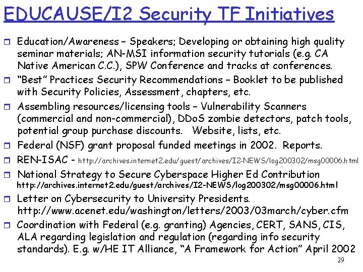 EDUCAUSE/I 2 Security TF Initiatives r Education/Awareness – Speakers; Developing or obtaining high quality