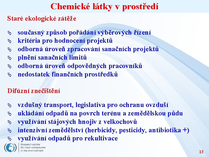 Chemické látky v prostředí Staré ekologické zátěže Ä Ä Ä současný způsob pořádání výběrových