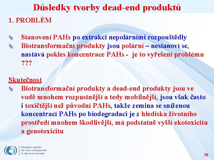 Důsledky tvorby dead-end produktů 1. PROBLÉM Ä Ä Stanovení PAHs po extrakci nepolárními rozpouštědly