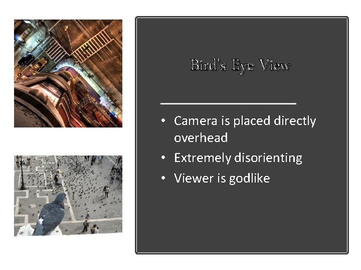 Bird’s Eye View • Camera is placed directly overhead • Extremely disorienting • Viewer