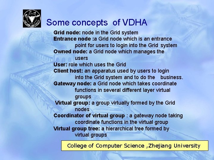 Some concepts of VDHA Grid node: node in the Grid system Entrance node :