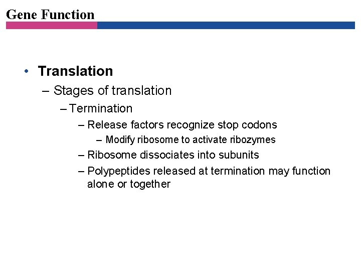 Gene Function • Translation – Stages of translation – Termination – Release factors recognize