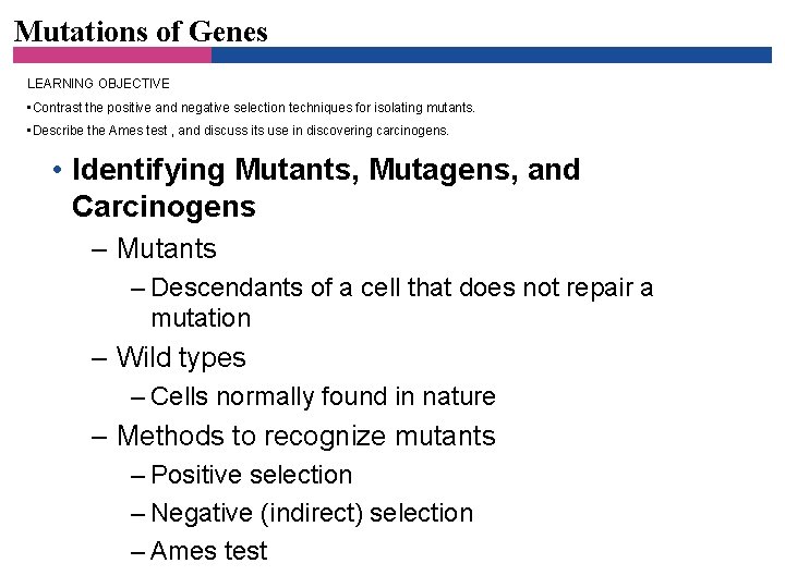 Mutations of Genes LEARNING OBJECTIVE • Contrast the positive and negative selection techniques for