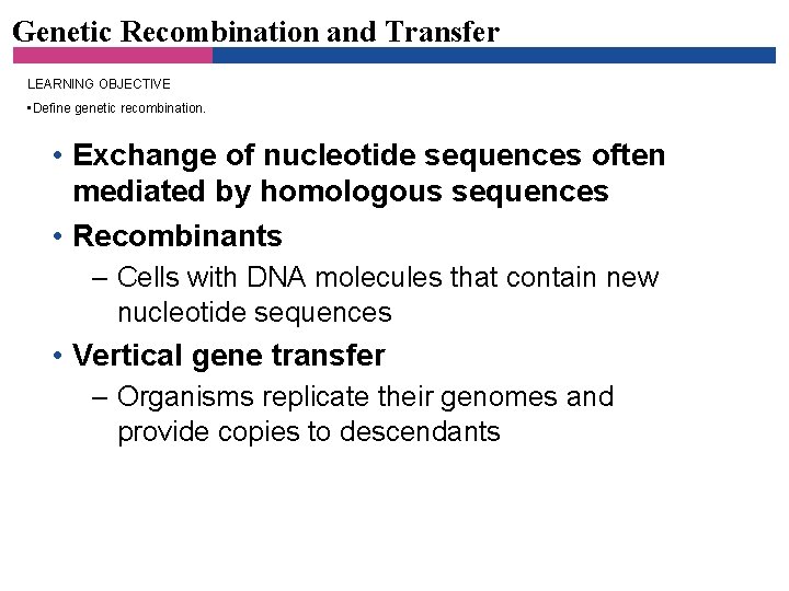 Genetic Recombination and Transfer LEARNING OBJECTIVE • Define genetic recombination. • Exchange of nucleotide