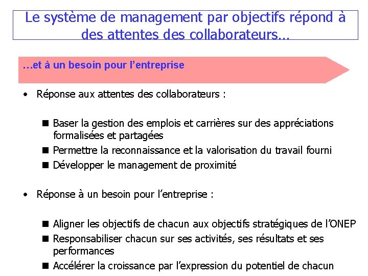 Le système de management par objectifs répond à des attentes des collaborateurs… …et à