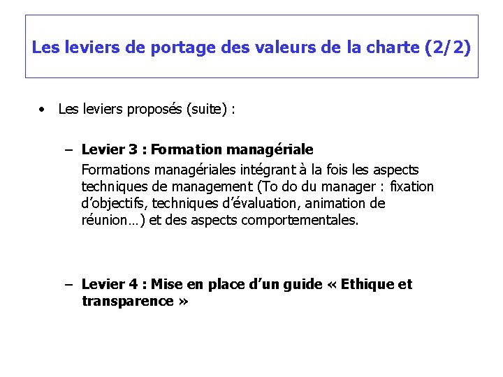 Les leviers de portage des valeurs de la charte (2/2) • Les leviers proposés