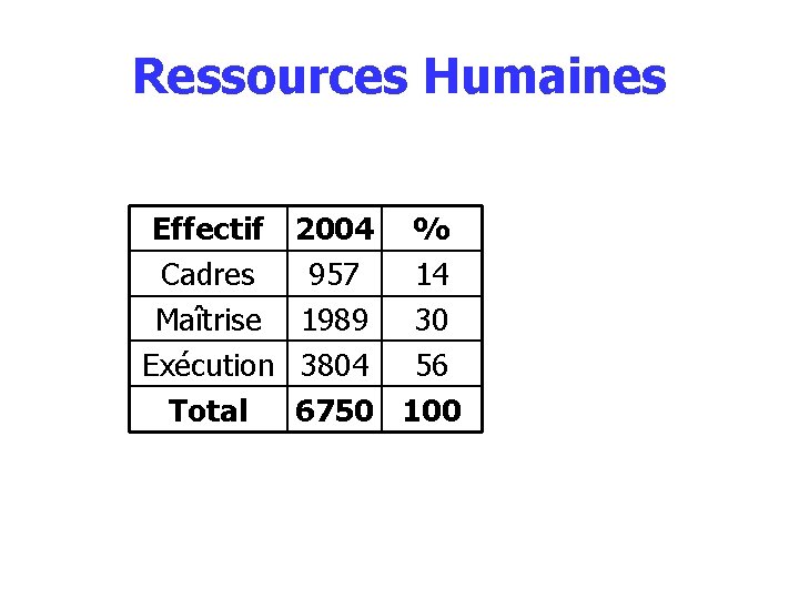 Ressources Humaines Effectif Cadres Maîtrise Exécution Total 2004 % 957 14 1989 30 3804