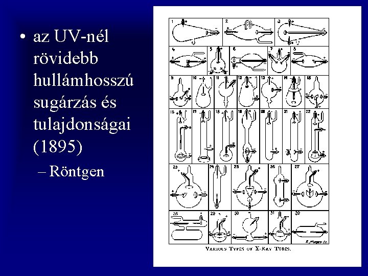  • az UV-nél rövidebb hullámhosszú sugárzás és tulajdonságai (1895) – Röntgen 