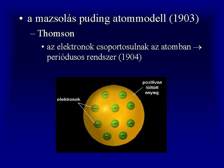  • a mazsolás puding atommodell (1903) – Thomson • az elektronok csoportosulnak az