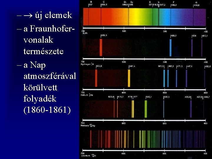 – új elemek – a Fraunhofervonalak természete – a Nap atmoszférával körülvett folyadék (1860