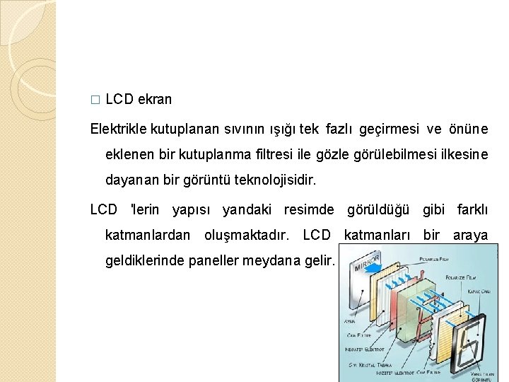 � LCD ekran Elektrikle kutuplanan sıvının ışığı tek fazlı geçirmesi ve önüne eklenen bir