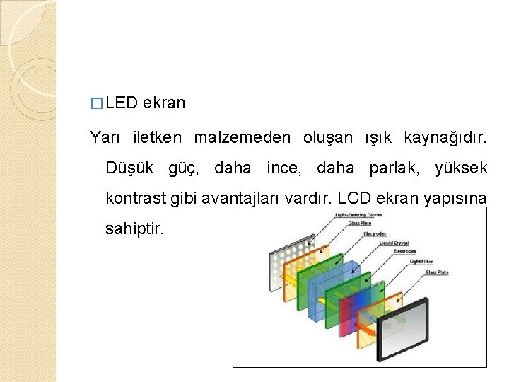 � LED ekran Yarı iletken malzemeden oluşan ışık kaynağıdır. Düşük güç, daha ince, daha