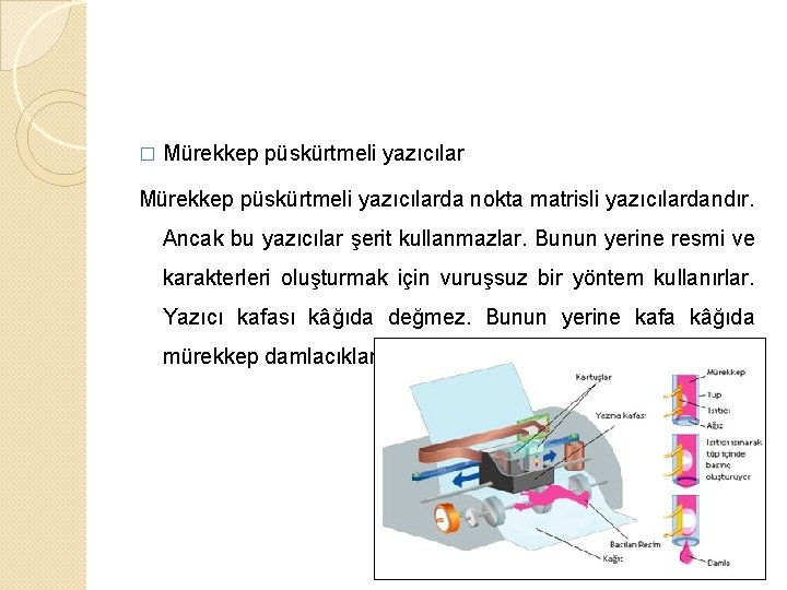 � Mürekkep püskürtmeli yazıcılarda nokta matrisli yazıcılardandır. Ancak bu yazıcılar şerit kullanmazlar. Bunun yerine
