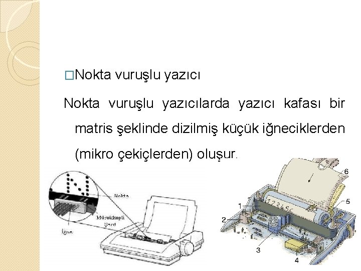 �Nokta vuruşlu yazıcılarda yazıcı kafası bir matris şeklinde dizilmiş küçük iğneciklerden (mikro çekiçlerden) oluşur.