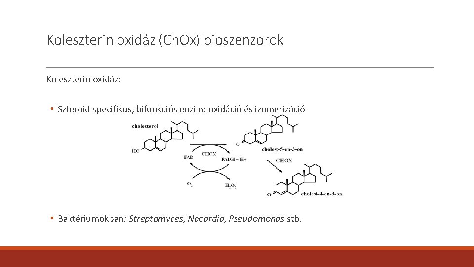 Koleszterin oxidáz (Ch. Ox) bioszenzorok Koleszterin oxidáz: • Szteroid specifikus, bifunkciós enzim: oxidáció és Koleszterin oxidáz (Ch. Ox) bioszenzorok Koleszterin oxidáz: • Szteroid specifikus, bifunkciós enzim: oxidáció és