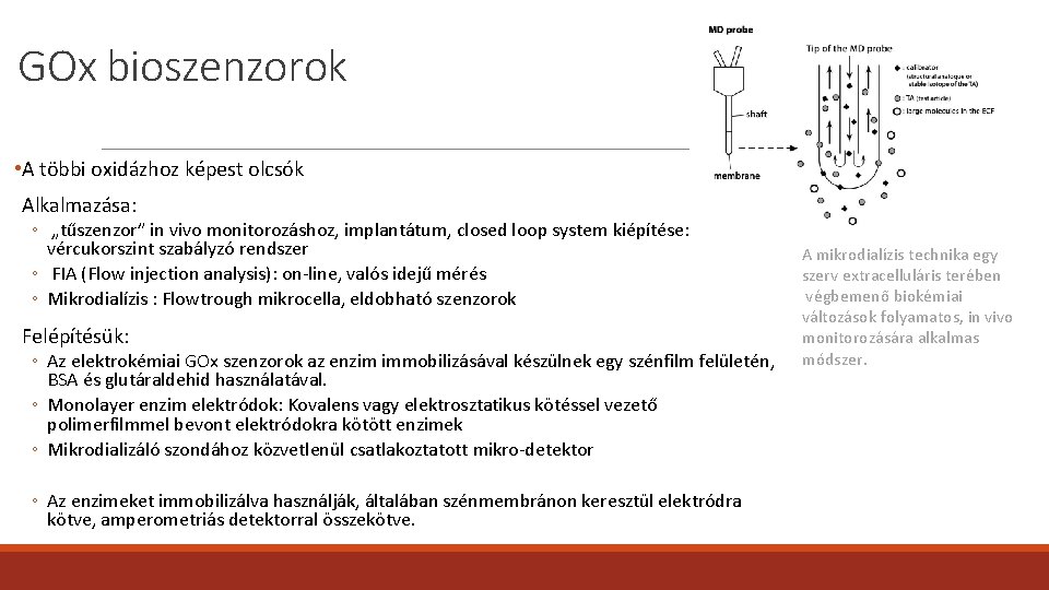 GOx bioszenzorok • A többi oxidázhoz képest olcsók Alkalmazása: ◦ „tűszenzor” in vivo monitorozáshoz, GOx bioszenzorok • A többi oxidázhoz képest olcsók Alkalmazása: ◦ „tűszenzor” in vivo monitorozáshoz,