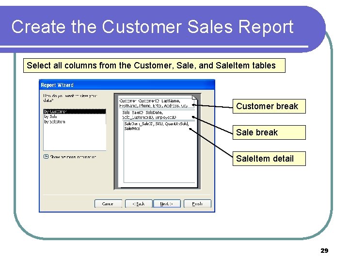 Create the Customer Sales Report Select all columns from the Customer, Sale, and Sale.