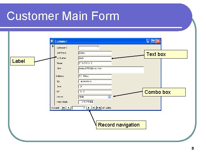 Customer Main Form Text box Label Combo box Record navigation 3 