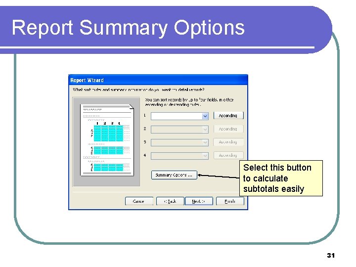 Report Summary Options Select this button to calculate subtotals easily 31 