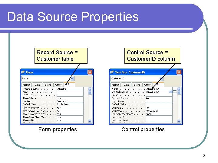 Data Source Properties Record Source = Customer table Form properties Control Source = Customer.