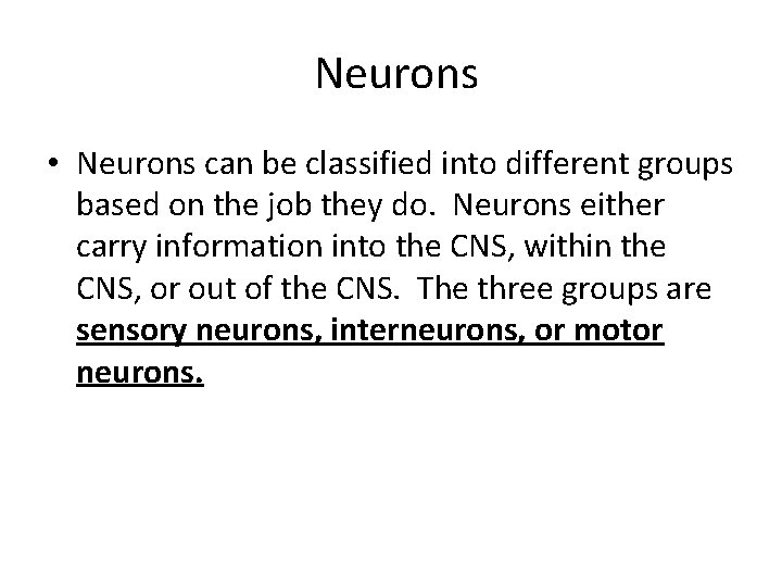 Neurons • Neurons can be classified into different groups based on the job they