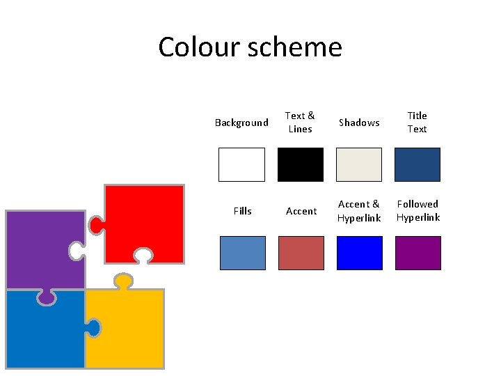 Colour scheme Background Text & Lines Shadows Title Text Fills Accent & Hyperlink Followed