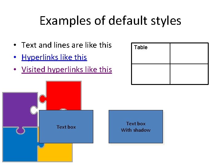 Examples of default styles • Text and lines are like this • Hyperlinks like