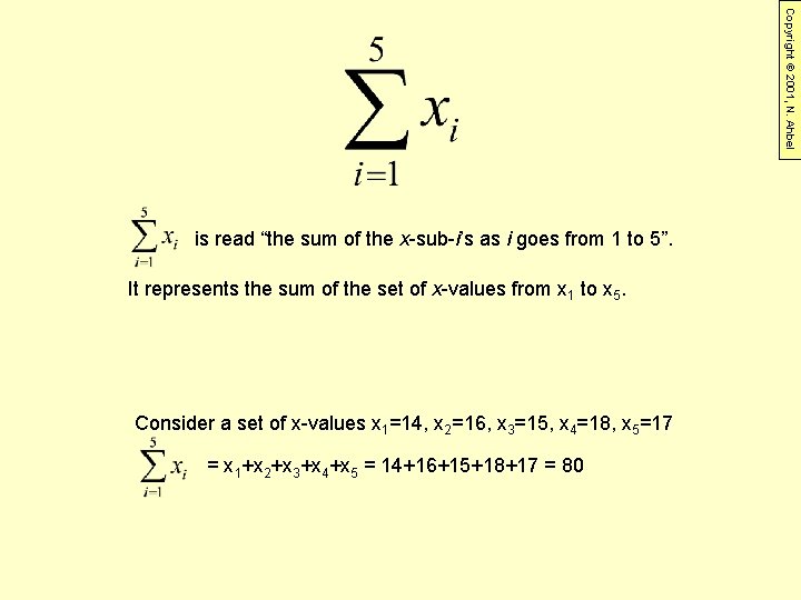 Copyright © 2001, N. Ahbel is read “the sum of the x-sub-i’s as i