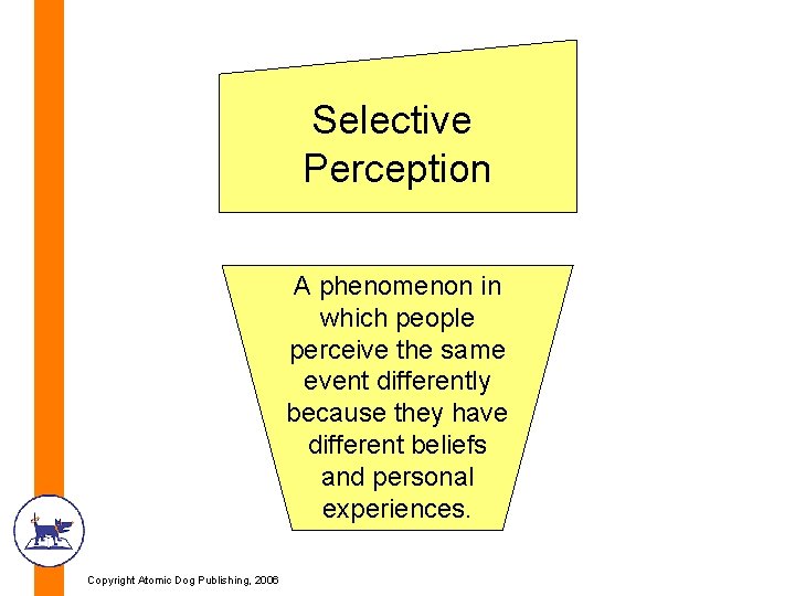 Selective Perception A phenomenon in which people perceive the same event differently because they Selective Perception A phenomenon in which people perceive the same event differently because they