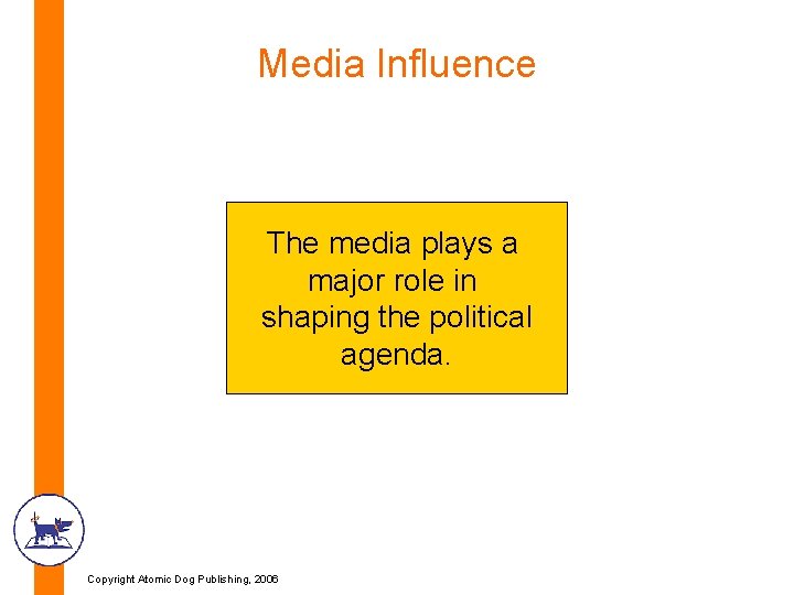 Media Influence The media plays a major role in shaping the political agenda. Copyright Media Influence The media plays a major role in shaping the political agenda. Copyright
