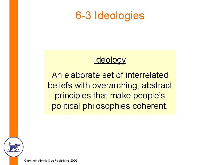 6 -3 Ideologies Ideology An elaborate set of interrelated beliefs with overarching, abstract principles 6 -3 Ideologies Ideology An elaborate set of interrelated beliefs with overarching, abstract principles