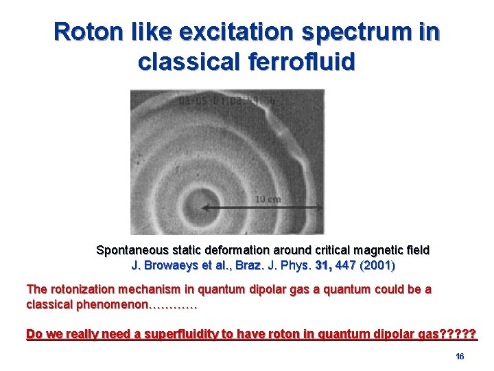 Roton like excitation spectrum in classical ferrofluid Spontaneous static deformation around critical magnetic field