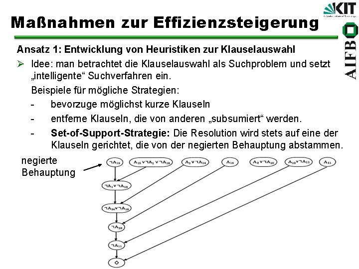 Maßnahmen zur Effizienzsteigerung Ansatz 1: Entwicklung von Heuristiken zur Klauselauswahl Ø Idee: man betrachtet