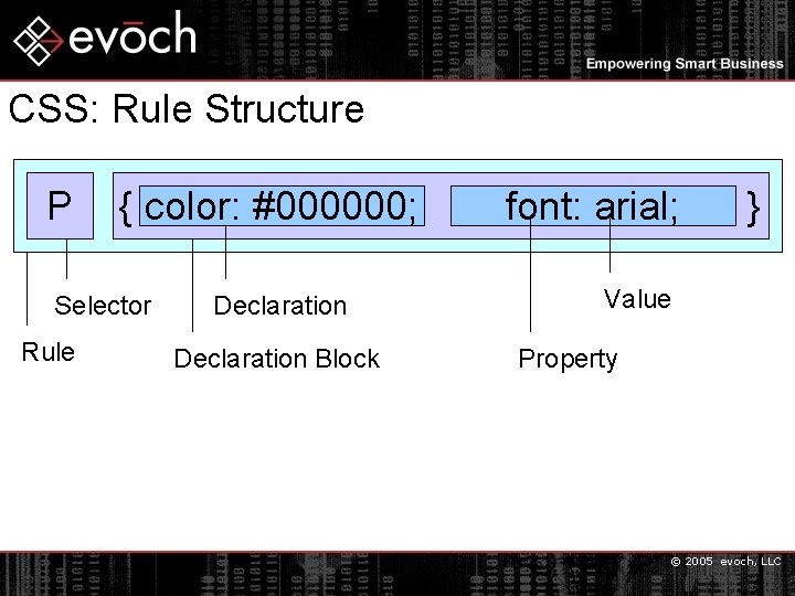 CSS: Rule Structure P { color: #000000; Selector Rule Declaration Block font: arial; }